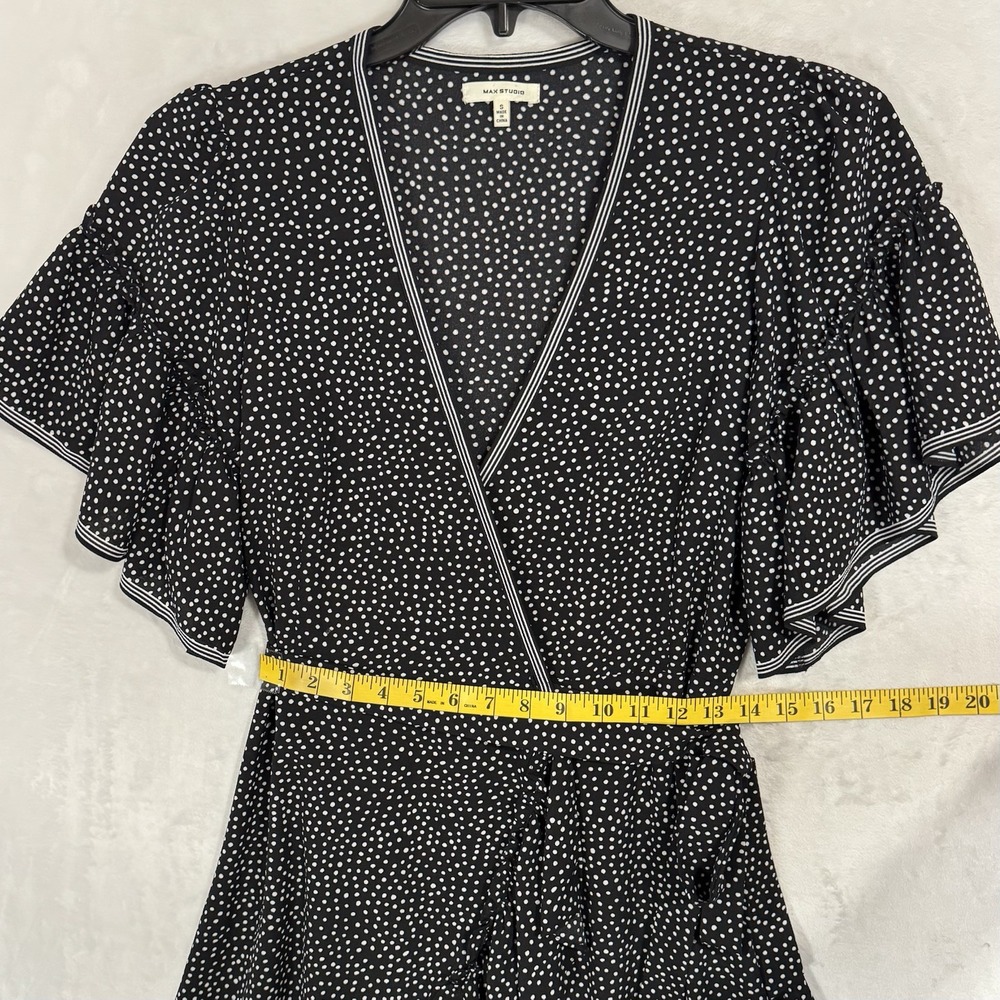 Max Studio True Wrap Dress Size S Black & White Polka Dot Ruffle Sleeve V Neck - Picture 13 of 16